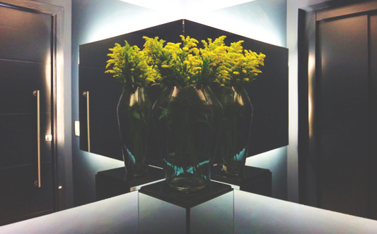 Vaso alto com plantas verdes e amarelas hall de entrada com espelho.